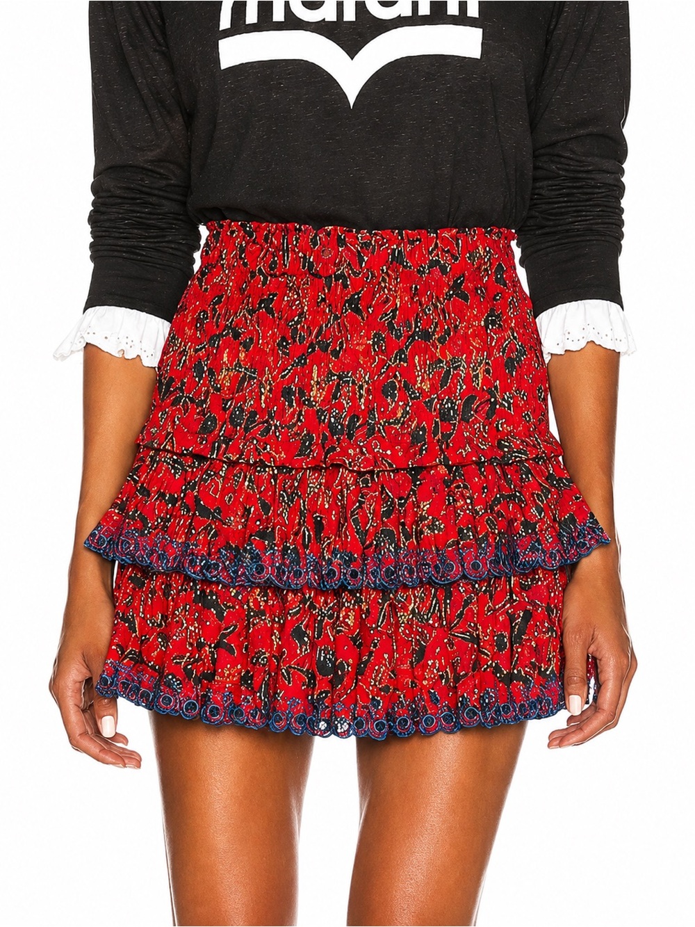 ISABEL MARANT ETOILE Red Naomi Floral Blue Trim Tiered Mini Skirt US 4 Small
